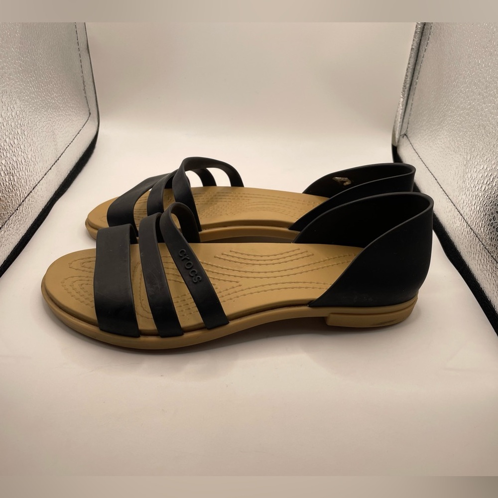 CROCS Black and Tan Strappy Flat Sandals